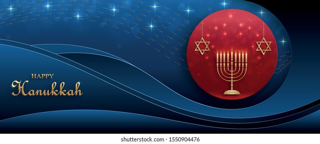 Happy Hanukkah card with nice and creative symbols and gold paper cut style on color background for Hanukkah day and Hanukkah Jewish holiday