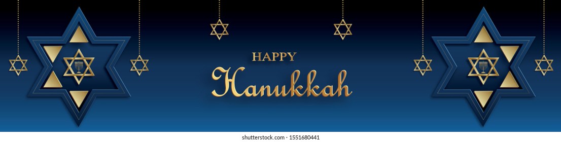 Happy Hanukkah card with nice and creative symbols and gold paper cut style on color background for Hanukkah day and Hanukkah Jewish holiday