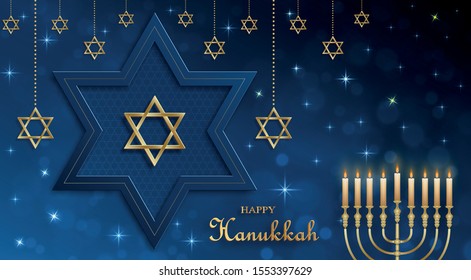 Happy Hanukkah card with nice and creative symbols and gold paper cut style on color background for Hanukkah day and Hanukkah Jewish holiday (transaltion : happy Hanukkah, Hag Ha Hanukka)