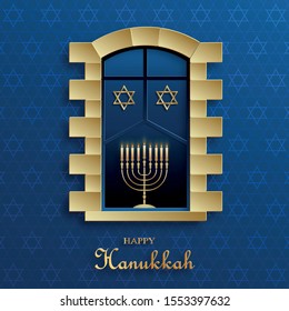 Happy Hanukkah card with nice and creative symbols and gold paper cut style on color background for Hanukkah day and Hanukkah Jewish holiday (transaltion : happy Hanukkah, Hag Ha Hanukka)