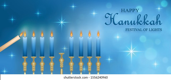 Happy Hanukkah card with nice and creative symbols and gold paper cut style on blue color background for Hanukkah day and Hanukkah Jewish holiday (transaltion : happy Hanukkah, Hag Ha Hanukka)