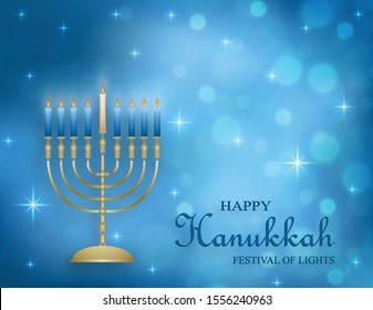 Happy Hanukkah card with nice and creative symbols and gold paper cut style on blue color background for Hanukkah day and Hanukkah Jewish holiday (transaltion : happy Hanukkah, Hag Ha Hanukka)