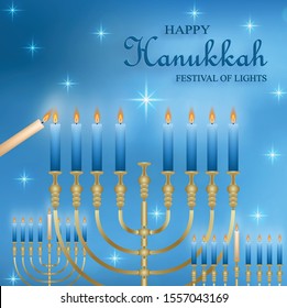 Happy Hanukkah card with nice and creative symbols and gold paper cut style on blue color background for Hanukkah day and Hanukkah Jewish holiday