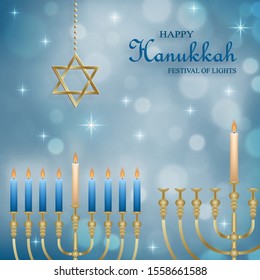 Happy Hanukkah card with nice and creative symbols and gold paper cut style on color background for Hanukkah Jewish holiday (translation : happy Hanukkah day, Hag HaHanukka)