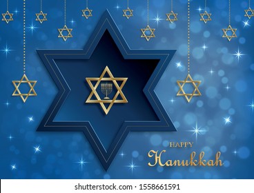 Happy Hanukkah card with nice and creative symbols and gold paper cut style on color background for Hanukkah Jewish holiday (translation : happy Hanukkah day, Hag HaHanukka)