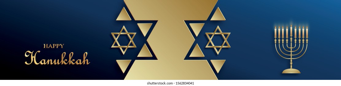 Happy Hanukkah card with nice and creative symbols and gold paper cut style on color background for Hanukkah Jewish holiday (translation : happy Hanukkah day, Hag HaHanukka)