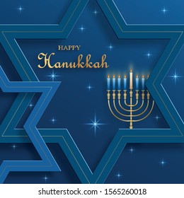 Happy Hanukkah card with nice and creative symbols and gold paper cut style on color background for Hanukkah Jewish holiday (translation : happy Hanukkah day, Hag HaHanukka)