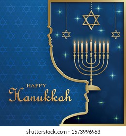 Happy Hanukkah card with nice and creative symbols and gold paper cut style on color background for Hanukkah Jewish holiday (translation : happy Hanukkah day, Hag HaHanukka)