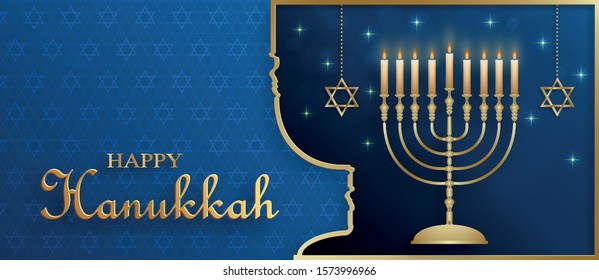 Happy Hanukkah card with nice and creative symbols and gold paper cut style on color background for Hanukkah Jewish holiday (translation : happy Hanukkah day, Hag HaHanukka)