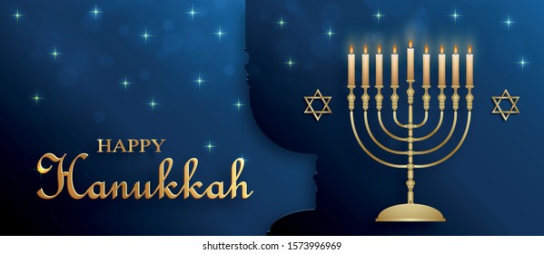 Happy Hanukkah card with nice and creative symbols and gold paper cut style on color background for Hanukkah Jewish holiday (translation : happy Hanukkah day, Hag HaHanukka)