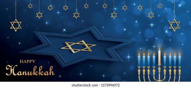 Happy Hanukkah card with nice and creative symbols and gold paper cut style on color background for Hanukkah Jewish holiday (translation : happy Hanukkah day, Hag HaHanukka)