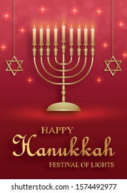 Happy Hanukkah card with nice and creative symbols and gold paper cut style on red color background for Hanukkah Jewish holiday (translation : happy Hanukkah day, Hag HaHanukka)