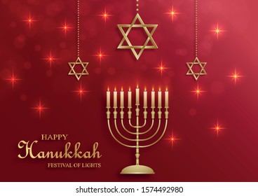 Happy Hanukkah card with nice and creative symbols and gold paper cut style on red color background for Hanukkah Jewish holiday (translation : happy Hanukkah day, Hag HaHanukka)