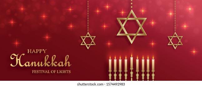 Happy Hanukkah card with nice and creative symbols and gold paper cut style on red color background for Hanukkah Jewish holiday (translation : happy Hanukkah day, Hag HaHanukka)