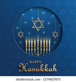 Happy Hanukkah card with nice and creative symbols and gold paper cut style on color background for Hanukkah Jewish holiday (translation : happy Hanukkah day, Hag HaHanukka)