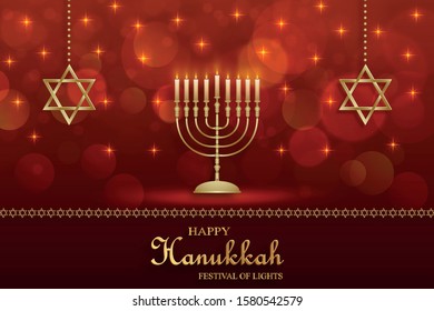 Happy Hanukkah card with nice and creative symbols and gold paper cut style on color background for Hanukkah Jewish holiday (translation : happy Hanukkah day, Hag HaHanukka)