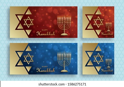 Happy Hanukkah card with nice and creative symbols and gold paper cut style on color background for Hanukkah Jewish  (translation : happy Hanukkah day, Hag HaHanukka)