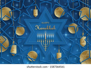 Happy Hanukkah card with nice and creative symbols and gold paper cut style on color background for Hanukkah Jewish holiday (translation : happy Hanukkah day, Hag HaHanukka)