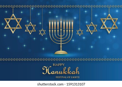 Happy Hanukkah card with nice and creative symbols and gold paper cut style on color background for Hanukkah Jewish holiday (translation : happy Hanukkah day, Hag HaHanukka)