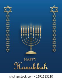 Happy Hanukkah card with nice and creative symbols and gold paper cut style on color background for Hanukkah Jewish holiday (translation : happy Hanukkah day, Hag HaHanukka)