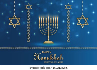 Happy Hanukkah card with nice and creative symbols and gold paper cut style on color background for Hanukkah Jewish holiday (translation : happy Hanukkah day, Hag HaHanukka)