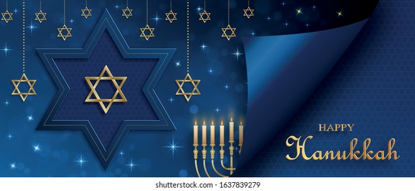 Happy Hanukkah card with nice and creative symbols and gold paper cut style on color background for Hanukkah Jewish holiday (translation : happy Hanukkah day, Hag HaHanukka)