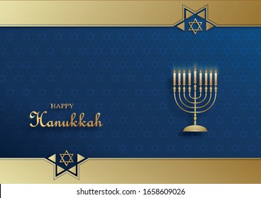 Happy Hanukkah card with nice and creative symbols and gold paper cut style on color background for Hanukkah Jewish holiday 