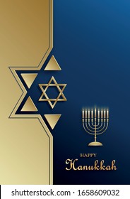 Happy Hanukkah card with nice and creative symbols and gold paper cut style on color background for Hanukkah Jewish holiday 