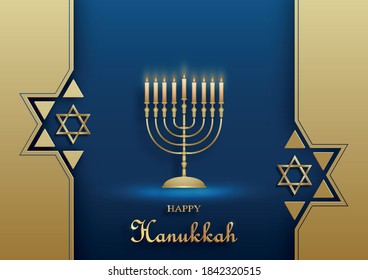 Happy Hanukkah-Karte mit schönen und kreativen Symbolen und goldenem Papierschnitt auf Farbhintergrund für den jüdischen Urlaub in Hanukka (Übersetzung: fröhlicher Hanukka-Tag, Hag HaHanukka)