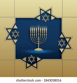 Happy Hanukkah card with nice and creative symbols and gold paper cut style on color background for Hanukkah Jewish holiday (translation : happy Hanukkah day, Hag HaHanukka)