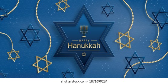 Happy Hanukkah card with nice and creative symbols and gold paper cut style on color background for Hanukkah Jewish holiday (translation : happy Hanukkah day, Hag HaHanukka)