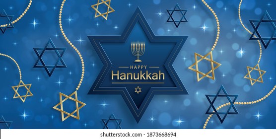 Happy Hanukkah card with nice and creative symbols and gold paper cut style on color background for Hanukkah Jewish holiday (translation : happy Hanukkah day, Hag HaHanukka)