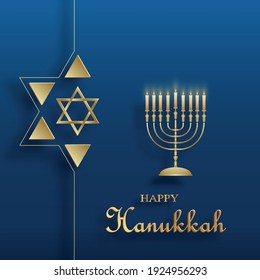 Happy Hanukkah card with nice and creative symbols and gold paper cut style on color background for Hanukkah Jewish holiday 