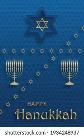 Happy Hanukkah-Karte mit schönen und kreativen Symbolen und goldenem Papierschnitt auf Farbhintergrund für den jüdischen Urlaub in Hanukka (Übersetzung: fröhlicher Hanukka-Tag, Hag HaHanukka)