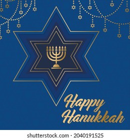 Happy Hanukkah card with nice and creative symbols and gold paper cut style on color background for Hanukkah day and Hanukkah Jewish holiday.