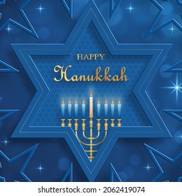 Happy Hanukkah card with nice and creative symbols and gold paper cut style on color background for Hanukkah Jewish holiday (translation : happy Hanukkah day, Hag HaHanukka)