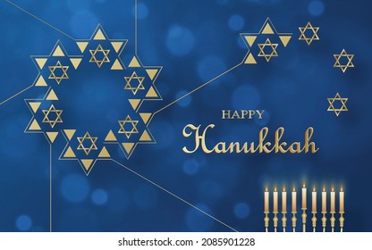 Happy Hanukkah card with nice and creative symbols and gold paper cut style on color background for Hanukkah Jewish holiday (translation : happy Hanukkah day, Hag HaHanukka)