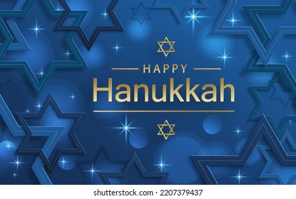 Happy Hanukkah card with nice and creative symbols and gold paper cut style on color background for Hanukkah Jewish holiday (translation : happy Hanukkah day)