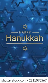 Happy Hanukkah card with nice and creative symbols and gold paper cut style on color background for Hanukkah Jewish holiday (translation : happy Hanukkah day, Hag HaHanukka)