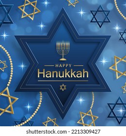 Happy Hanukkah card with nice and creative symbols and gold paper cut style on color background for Hanukkah Jewish holiday (translation : happy Hanukkah day, Hag HaHanukka)