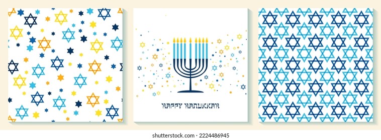 Happy Hanukkah card with nice and creative symbols. Hanukkah day and Hanukah Jewish holiday candle menorah and Star of David vector illustration set.