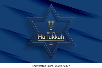 Happy Hanukkah card with nice and creative symbols and gold paper cut style on color background for Hanukkah Jewish holiday (translation : happy Hanukkah day, Hag HaHanukka)