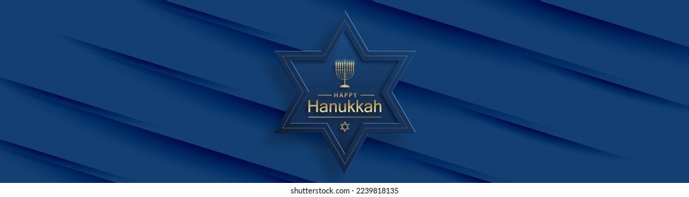 Happy Hanukkah card with nice and creative symbols and gold paper cut style on color background for Hanukkah Jewish holiday (translation : happy Hanukkah day, Hag HaHanukka)