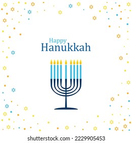 Happy Hanukkah card with nine-branched candelabrum Hanukkah menorah and Star of David Jewish symbol. Vector menorah, Star of David illustration. Candles fire, religious signs. Holiday banner