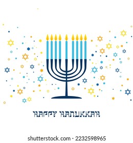 Happy Hanukkah card with nine-branched candelabrum Hanukkah menorah and Star of David Jewish symbol. Vector menorah, Star of David illustration. Candles, religious signs. Holiday greeting card