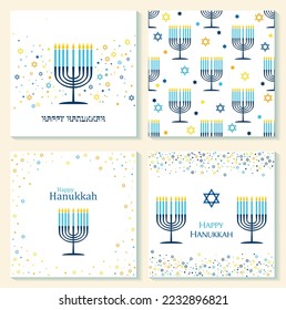 Happy Hanukkah card with nine-branched candelabrum Hanukkah menorah and Star of David Jewish symbol. Vector menorah, Star of David illustration. Candles, religious signs. Card and seamless pattern set