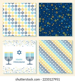 Tarjeta feliz Hanukkah con candelabro de nueve ramas Hanukkah menorah o hanukkiah y símbolo judío de la estrella de David. Menorah vectorial y Estrella de David. Tarjeta de saludo de vacaciones y juego de patrones sin fisuras