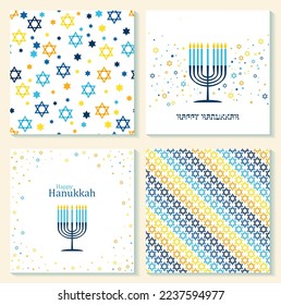 Happy Hanukkah card with nine-branched candelabrum Hanukkah menorah and Star of David Jewish symbol. Vector menorah, Star of David illustration. Candles, religious signs. Card and seamless pattern set