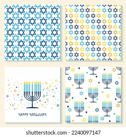 Happy Hanukkah card with nine-branched candelabrum Hanukkah menorah or hanukkiah and Star of David Jewish symbol. Vector menorah and Star of David illustration. Card and seamless pattern collection