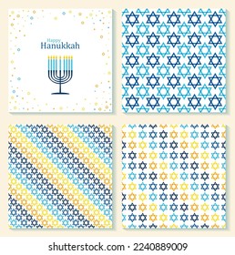 Happy Hanukkah card with nine-branched candelabrum Hanukkah menorah and Star of David Jewish symbol. Vector menorah and Star of David illustration. Holiday greeting card and seamless pattern set.